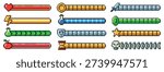 Pixel progress bar. 8bit retro arcade game status indicator, rpg gaming pixelated interface. Health meter, stamina or energy level, weapon and coin symbols. Potion, shield and heart, skull vector set.
