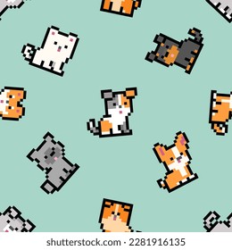 Pixel Puppies and Kittens geek style vintage seamless pattern. Small cats and dogs abstract endless backround template