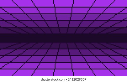 Pixel purple cyber perspective mesh tunnel background. Retro digital corridor with techno grid lines and endless futuristic surface in 80s electronic style with simple vector design