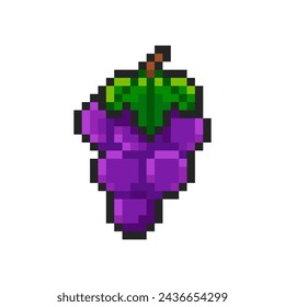 Uva púrpura de píxel aislado sobre fondo blanco. Manojo de uvas. Pegatina pixelada. Máquina tragamonedas o elemento de videojuego. Icono de fruta. Ilustración del arte del pixel del vector en estilo viejo de 8 bits.