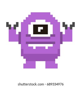 Pixel purple monster, vector illustration.