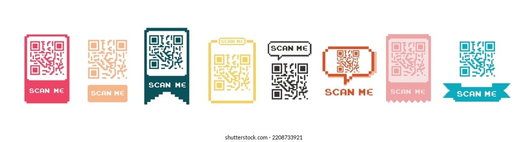 Pixel qr code frame set.QR code scan for smartphone.Scan me phone tag.