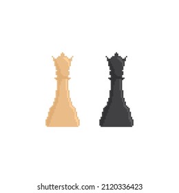 Pixel  Queen icon vector chess. Chessmen figure pixel art pieces. 