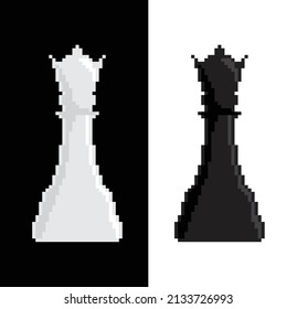 Pixel  Queen icon vector chess. Chessmen figure pixel art pieces. 