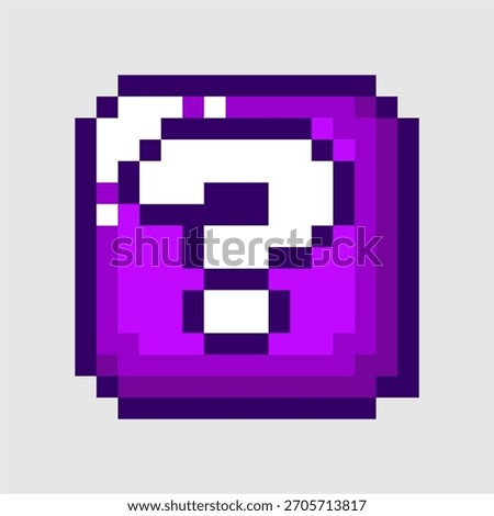 Pixel Question Icon. Purple pixel question mark icon with glossy cube appearance in retro video game style for puzzles, mystery, and digital assets