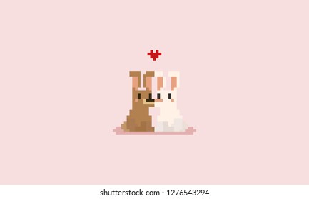 Pixel rabbit couple with red heart.Valentine's day.8bit.