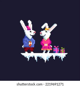 Pixel rabbits on a dark background. Cute rabbits in funny suits. New Year symbol. Rabbits family. Rabbit with carrot. Vector