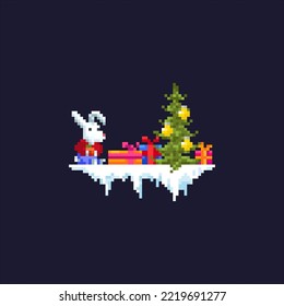 Pixel rabbits on a dark background. Cute rabbits in funny suits. New Year symbol. Rabbits family. Rabbit with carrot. Vector