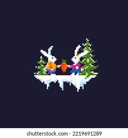 Pixel rabbits on a dark background. Cute rabbits in funny suits. New Year symbol. Rabbits family. Rabbit with carrot. Vector