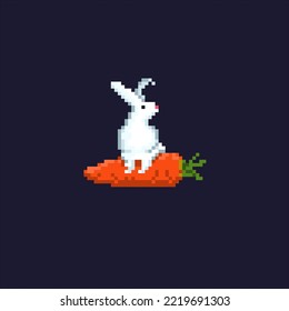 Pixel rabbits on a dark background. Cute rabbits in funny suits. New Year symbol. Rabbits family. Rabbit with carrot. Vector