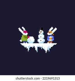 Pixel rabbits on a dark background. Cute rabbits in funny suits. New Year symbol. Rabbits family. Rabbit with carrot. Vector