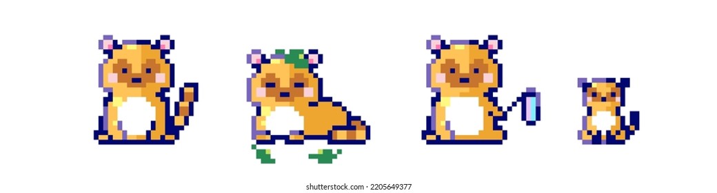 Pixel raccoon illustration set. Pixel art animal raccoon or japanese tanuki icons collection. 8 bit 90s game style cute asset sticker illustrations. Funny pixelated raccoon characters.