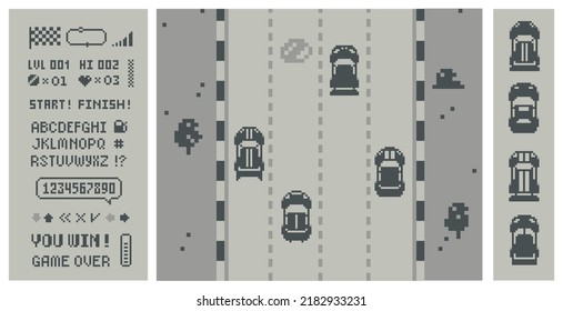 Iconos de juegos de la galería de carreras Pixel con coches de visualización superior y objetos de estilo de 8 bits. Diseño de videojuegos retro simple en el estilo de los años 80-90. Ilustración del vector