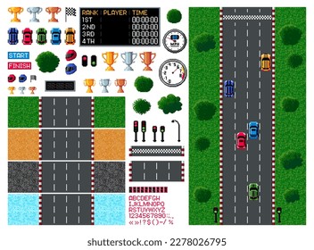 Pixel race, arcade game top view, car racing video game in retro 8 bit, vector asset icons. Vintage computer game arcade or car races props and player interface elements with sport cars and racetracks