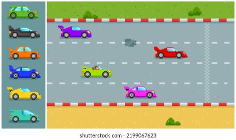 Pixel Race game with sports cars and objects in 8-bit style. Retro video game arcade background. Pixel racing cars. Editable vector illustration 