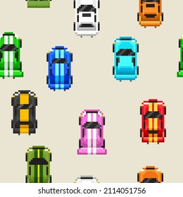 Pixel Racing Cars Icons In 8-bit Game Style - Vector Seamless Pattern. Endless Background