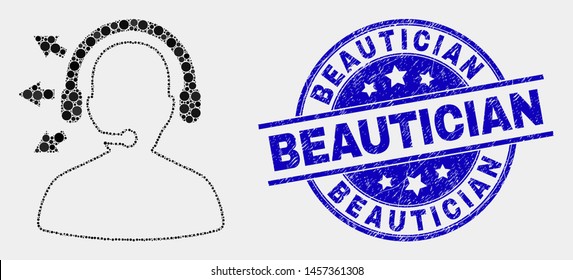 Pixel radio operator mosaic pictogram and Beautician seal stamp. Blue vector round distress stamp with Beautician caption. Vector composition in flat style.