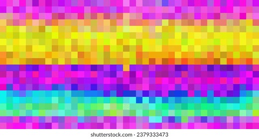 Pixel rainbow abstract mosaic background. Multicolor gradient with dithering. Vector 16 bit illustration in retro style. Horizontal seamless pattern