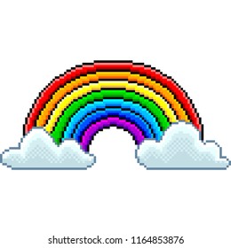 Pixel rainbow with clouds detailed isolated vector