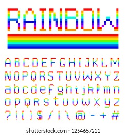 Pixel rainbow font. 8-bit symbols. Digital video game style. letters and numbers. Vintage retro typeface abc. Error Computer Video. Futuristic design. Vector Alphabet. Color Abstract Damage.