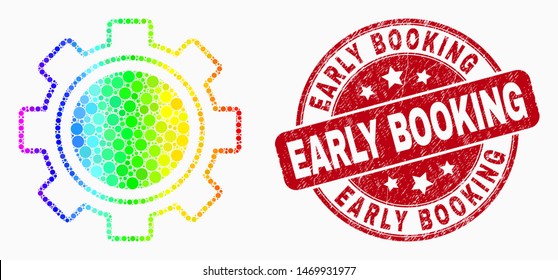 Pixel rainbow gear mosaic icon and Early Booking seal stamp. Red vector round distress stamp with Early Booking message. Vector collage in flat style.