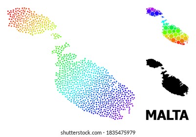 Pixel rainbow gradient, and monochrome map of Malta, and black title. Vector model is created from map of Malta with round dots. Template is useful for political ads. Bright gradient map of Malta,