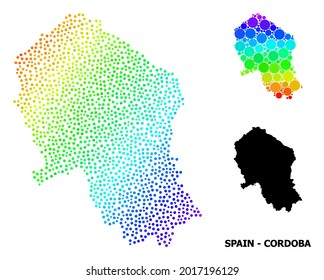 Pixel rainbow gradient, and monochrome map of Cordoba Spanish Province, and black text. Vector model is created from map of Cordoba Spanish Province with round dots.
