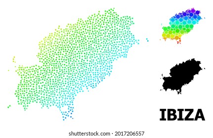 Pixel rainbow gradient, and monochrome map of Ibiza Island, and black text. Vector structure is created from map of Ibiza Island with circles. Collage is useful for political aims.