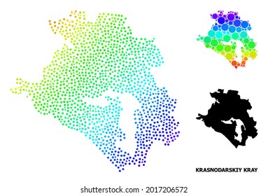 Gradiente de arco iris de píxeles, mapa monocromo de Krasnodarskiy Kray, y etiqueta negra. La estructura vectorial se crea a partir del mapa de Krasnodarskiy Kray con círculos. El collage es útil para fines geográficos.