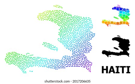 Pixel rainbow gradient, and monochrome map of Haiti, and black title. Vector model is created from map of Haiti with round dots. Illustration designed for geographic purposes.