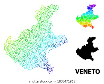 Pixel Rainbow Gradient, And Solid Map Of Veneto Region, And Black Caption. Vector Structure Is Created From Map Of Veneto Region With Circles. Collage For Political Ads.