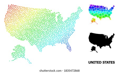 Pixel rainbow gradient, and solid map of USA and Alaska, and black text. Vector structure is created from map of USA and Alaska with spheres. Abstraction is useful for geographic purposes.