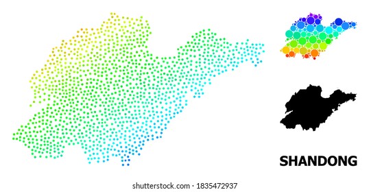 Pixel rainbow gradient, and solid map of Shandong Province, and black tag. Vector structure is created from map of Shandong Province with round dots. Abstraction is useful for geographic aims.