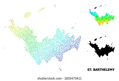Pixel rainbow gradient, and solid map of Saint Barthelemy, and black caption. Vector model is created from map of Saint Barthelemy with spheres. Illustration designed for political posters.