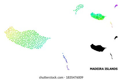 Pixel rainbow gradient, and solid map of Madeira Islands, and black title. Vector structure is created from map of Madeira Islands with spheres. Illustration is useful for geographic templates.