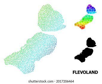 Pixel rainbow gradient, and solid map of Flevoland Province, and black title. Vector model is created from map of Flevoland Province with round dots. Collage is useful for geographic ads.