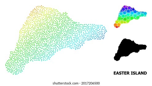 Pixel rainbow gradient, and solid map of Easter Island, and black name. Vector structure is created from map of Easter Island with circles. Abstraction is useful for geographic templates.