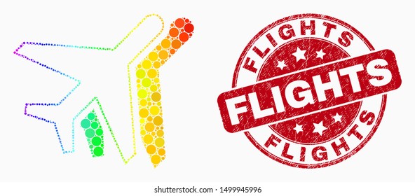 Pixel rainbow gradiented airplanes mosaic pictogram and Flights watermark. Red vector rounded textured watermark with Flights caption. Vector collage in flat style.