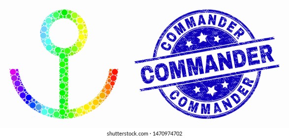 Pixel rainbow gradiented anchor mosaic pictogram and Commander watermark. Blue vector round distress seal stamp with Commander caption. Vector collage in flat style.