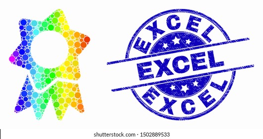 Pixel rainbow gradiented award badge mosaic icon and Excel seal. Blue vector rounded grunge seal with Excel text. Vector combination in flat style.