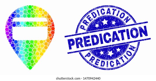 Pixel rainbow gradiented bank card pointer mosaic icon and Predication stamp. Blue vector round grunge seal stamp with Predication caption. Vector collage in flat style.