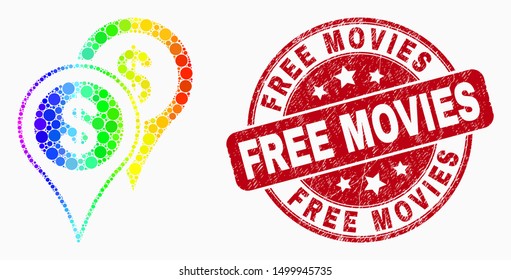 Pixel rainbow gradiented bank map markers mosaic icon and Free Movies stamp. Red vector round grunge stamp with Free Movies caption. Vector combination in flat style.