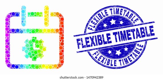 Pixel rainbow gradiented calendar time options mosaic icon and Flexible Timetable watermark. Blue vector round grunge watermark with Flexible Timetable text. Vector composition in flat style.