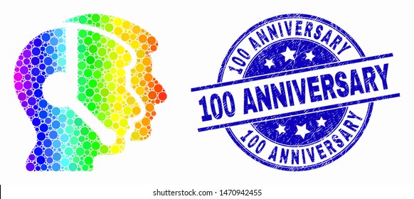 Pixel rainbow gradiented call service operators mosaic pictogram and 100 Anniversary seal stamp. Blue vector rounded distress stamp with 100 Anniversary title. Vector combination in flat style.