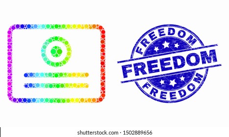 Pixel rainbow gradiented certificate mosaic icon and Freedom seal stamp. Blue vector rounded grunge seal with Freedom text. Vector composition in flat style.