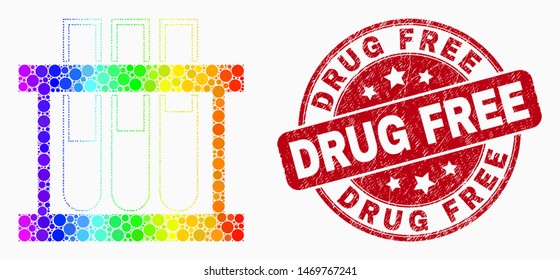 Pixel rainbow gradiented chemical test tubes mosaic icon and "Drug Free" seal. Red vector rounded textured seal stamp with "Drug Free" phrase. Vector collage in flat style.