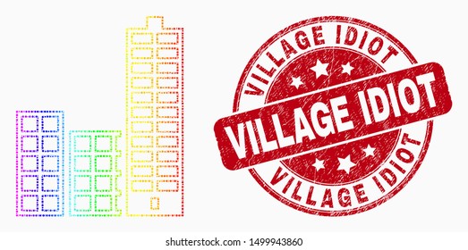 Pixel rainbow gradiented city buildings mosaic pictogram and Village Idiot seal stamp. Red vector round grunge seal with Village Idiot phrase. Vector composition in flat style.