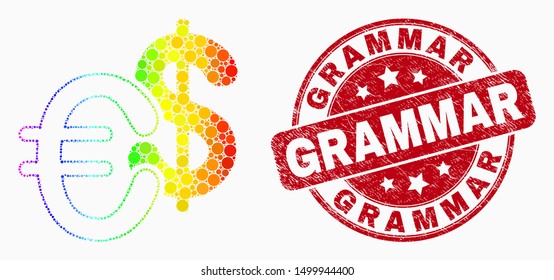 Pixel rainbow gradiented currency mosaic icon and Grammar watermark. Red vector round distress seal with Grammar text. Vector composition in flat style.