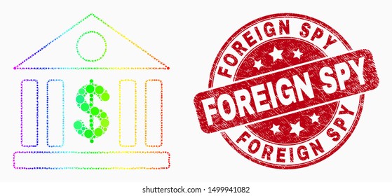 Pixel rainbow gradiented dollar bank mosaic icon and Foreign Spy seal stamp. Red vector round textured seal stamp with Foreign Spy message. Vector composition in flat style.
