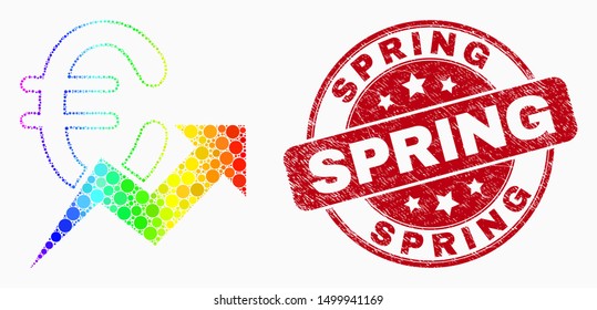 Pixel rainbow gradiented euro growing trend mosaic icon and Spring seal stamp. Red vector round textured seal stamp with Spring title. Vector composition in flat style.